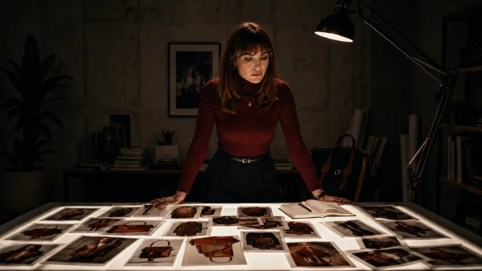Arlessa revisando fotos de productos sobre una mesa de luz